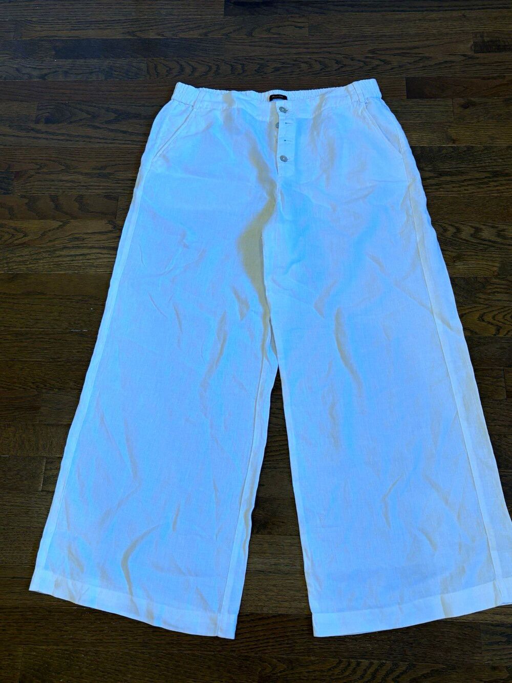 Massimo Dutti White Linen Wide-Leg Pants Women’s Sz 10 Elastic mother of pearls